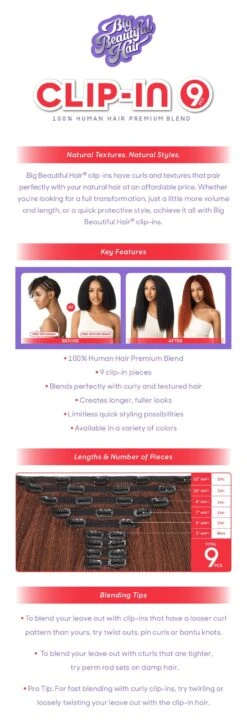 OUTRE - BIG BEAUTIFUL HAIR CLIP-IN- 9PCS - KINKY STRAIGHT 18" - HT -Zoe Beauty Supply Shop Big Beautiful Hair Clip In 9pcs Kinky Straight 18