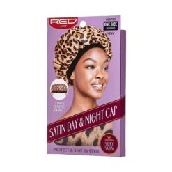 KISS - RED SATIN DAY&NIGHT CAP CAP (EXTRA LARGE,LEOPARD) -Zoe Beauty Supply Shop red hdnp03 package front oct.20.2020.edited