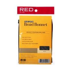 KISS - RED SILKY SATIN BRAID BONNET, BLACK -Zoe Beauty Supply Shop redbykiss hbr01 silkysatinbraidbonnet package back 731509700145 oct.27.2022