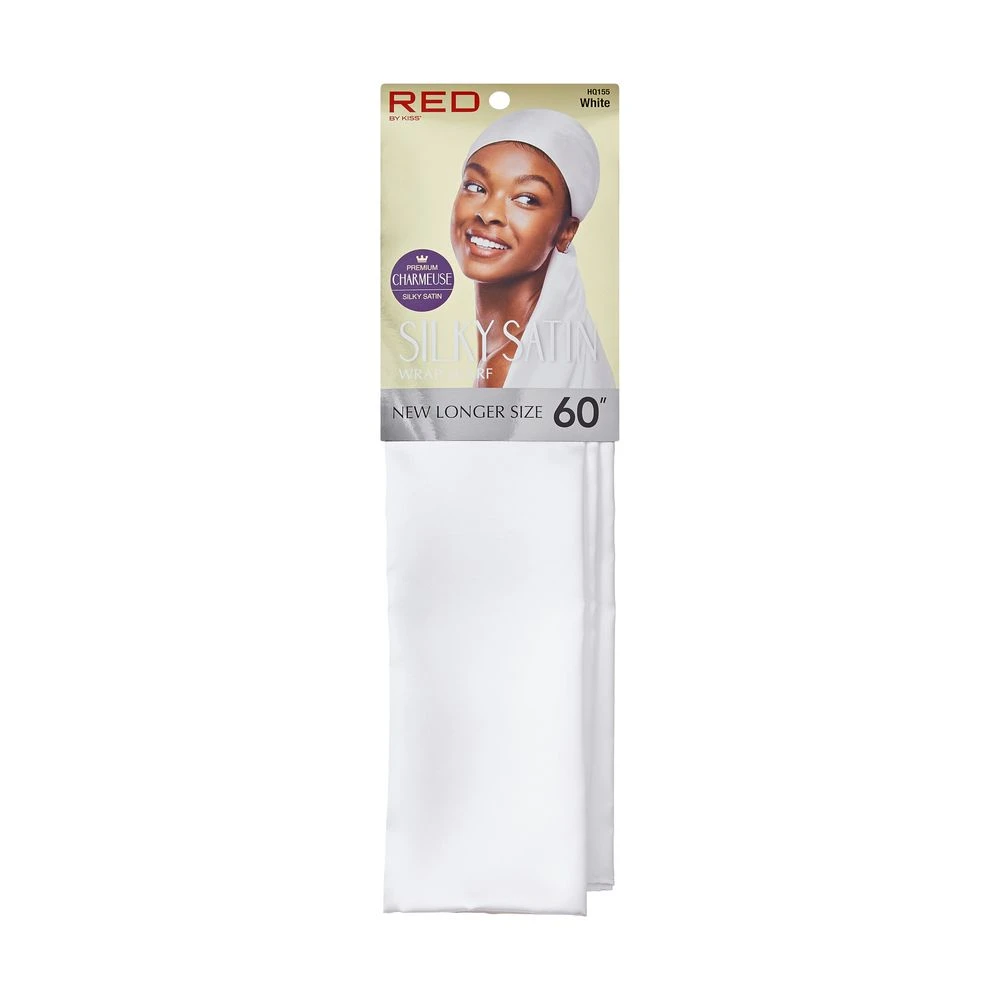 KISS - RED WOVEN SILKY SATIN WRAP SCARF WHITE 1 KISS - RED WOVEN SILKY SATIN WRAP SCARF WHITE