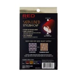 KISS - RED SILKY SATIN LINED HAIR CAP (ASSORTED) -Zoe Beauty Supply Shop redbykiss hslap01a satinlinedstylishcap package back 731509791167 oct.27.2022